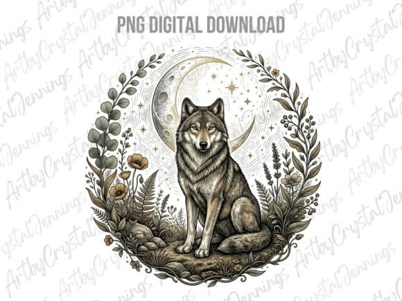 Download Vintage Celestial Moon Wolf Animal PNG - Premium Resources